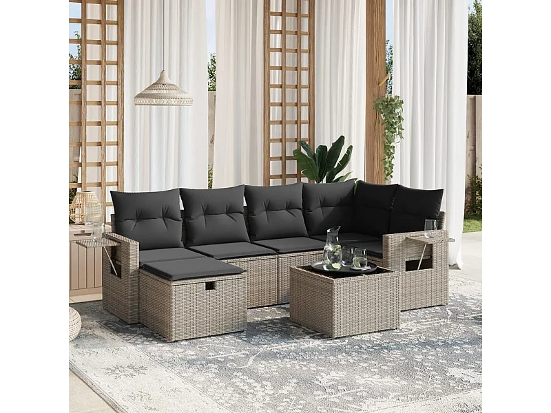 Set de sofás de jardín 7 piezas con cojines ratán PE gris