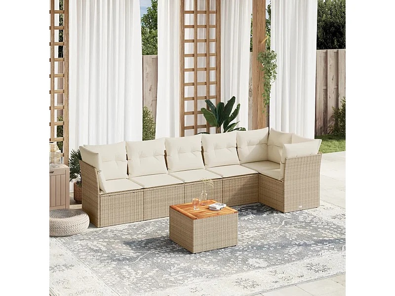 Set sofás de jardín 7 piezas y cojines ratán sintético beige