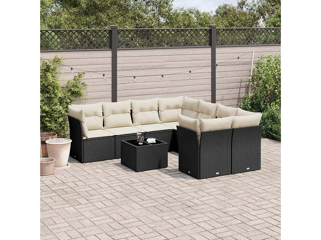 9 peças conjunto de sofás para jardim com almofadões vime PE preto