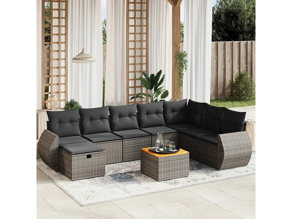 Set de muebles de jardín 9 piezas y cojines ratán sintético gris