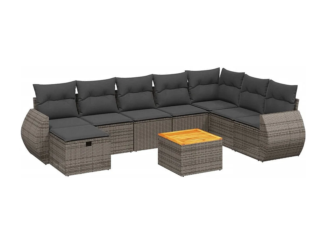 Set de muebles de jardín 9 piezas y cojines ratán sintético gris