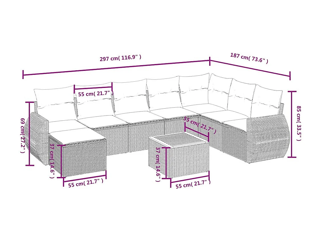 Set de muebles de jardín 9 piezas y cojines ratán sintético gris