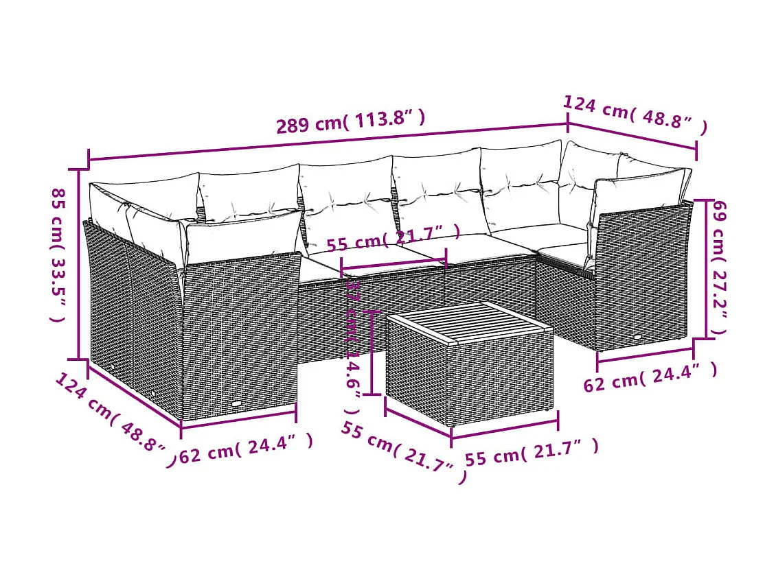Set de muebles de jardín 6 piezas y cojines ratán sintético gris