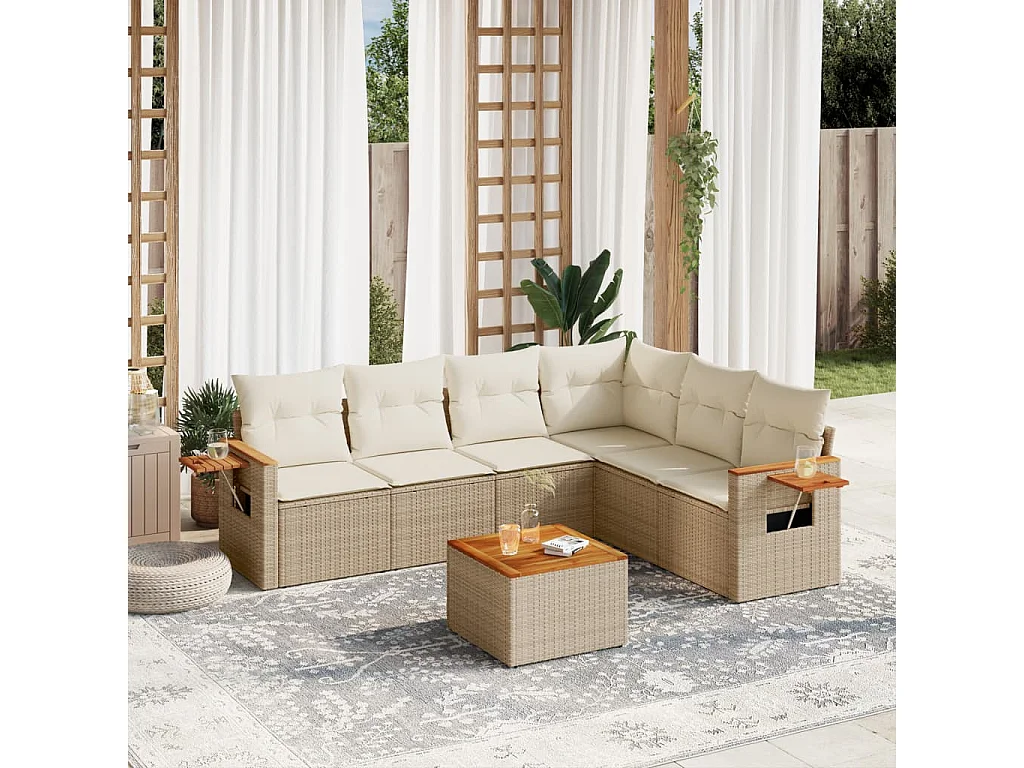 7 peças conjunto de sofás para jardim com almofadões vime PE bege