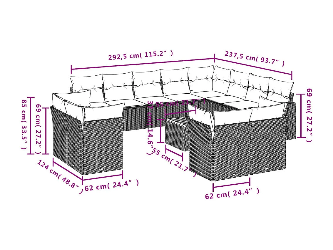 Set de sofás de jardín y cojines 13 piezas ratán sintético negro