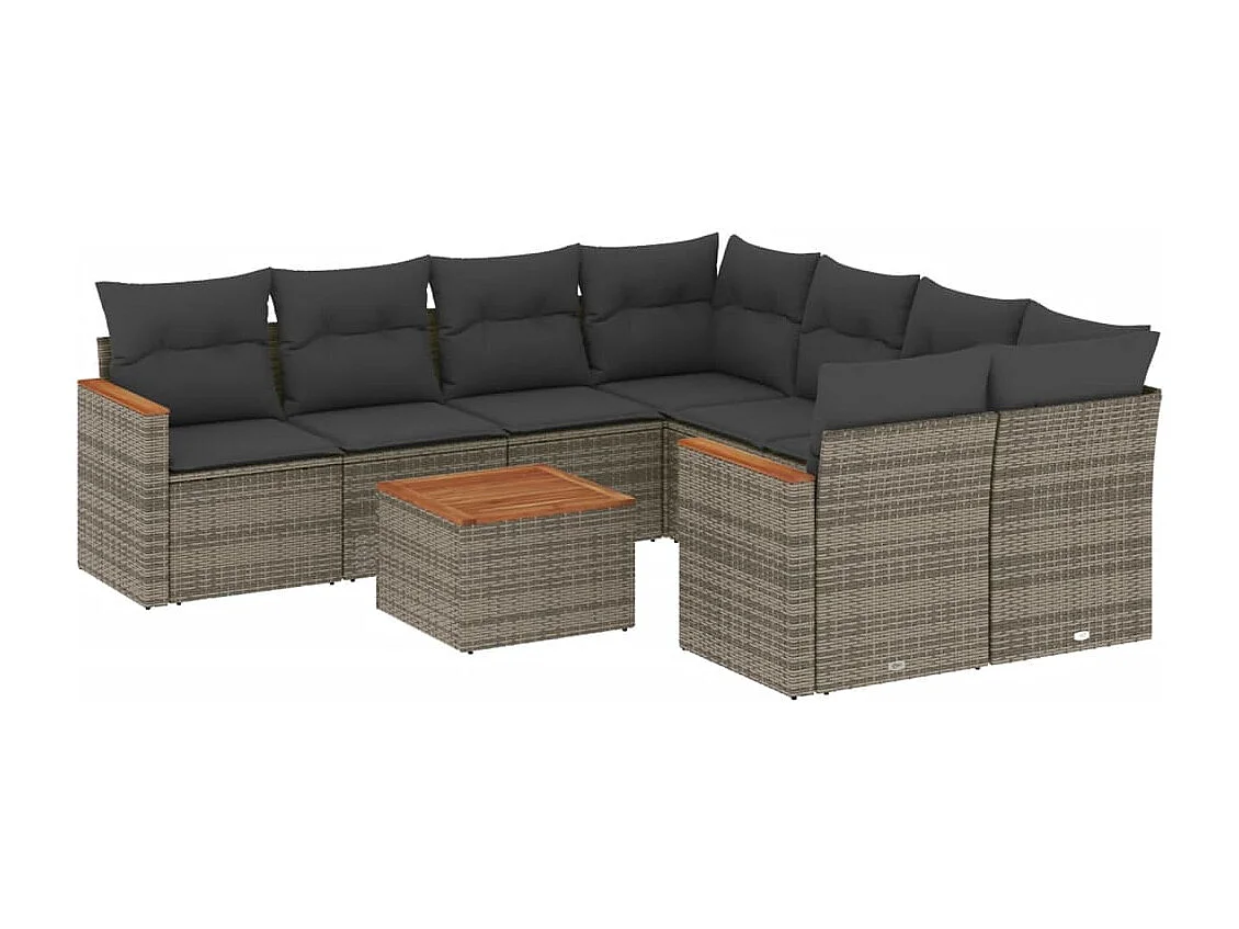 Set de muebles de jardín 9 piezas y cojines ratán sintético gris