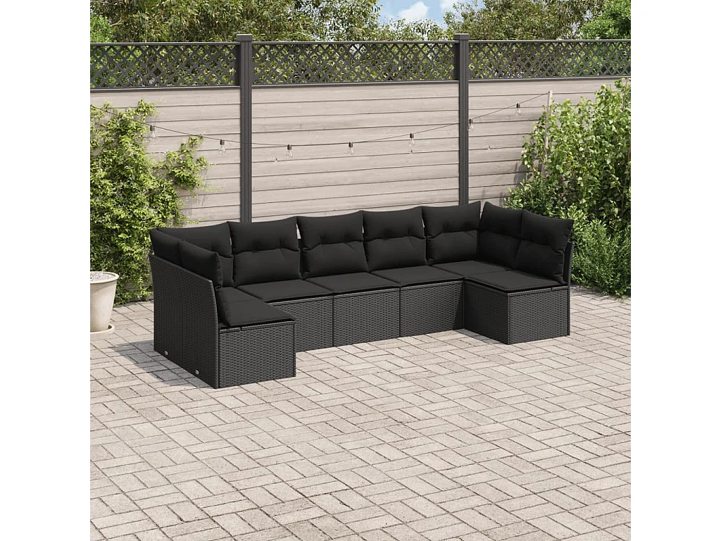 Salon de jardin 7 pièces avec coussins noir résine tressée