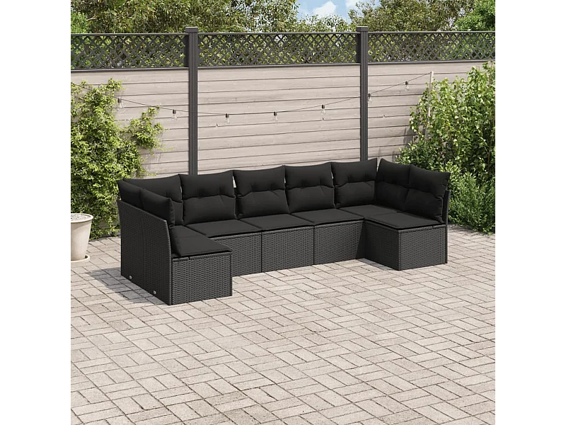 Salon de jardin 7 pièces avec coussins noir résine tressée