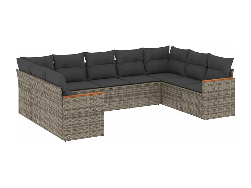 Set de muebles de jardín 9 piezas y cojines ratán sintético gris