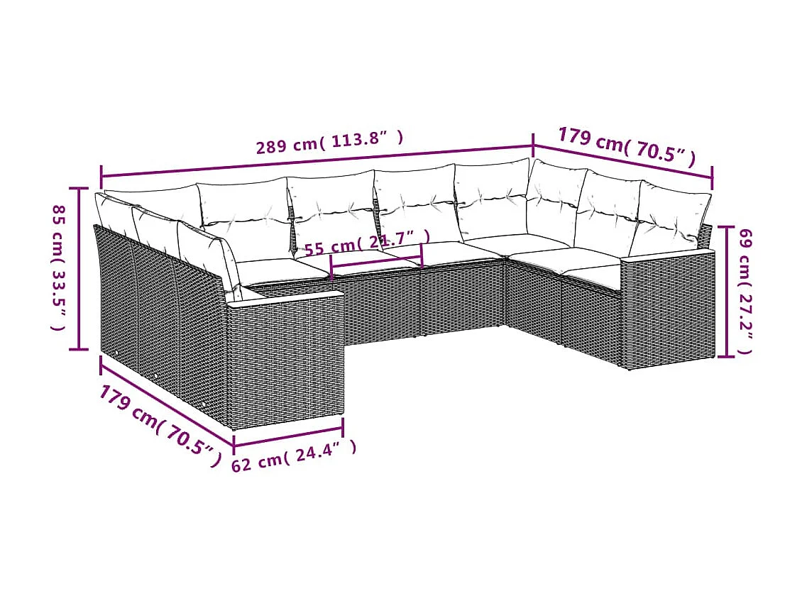 9-delige Loungeset met kussens poly rattan grijs