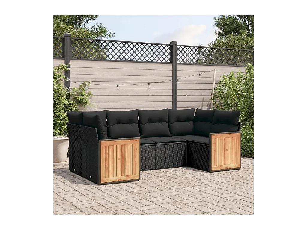 6-delige Loungeset met kussens poly rattan zwart