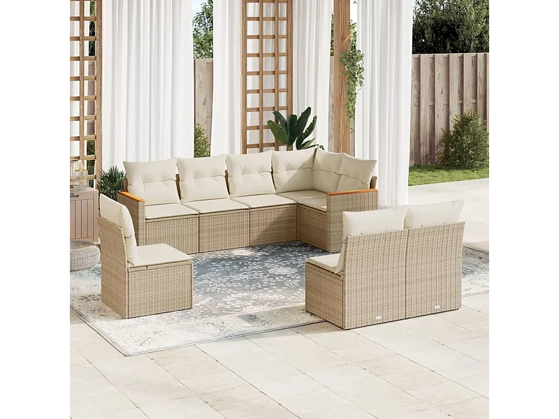 8 peças conjunto de sofás para jardim com almofadões vime PE bege