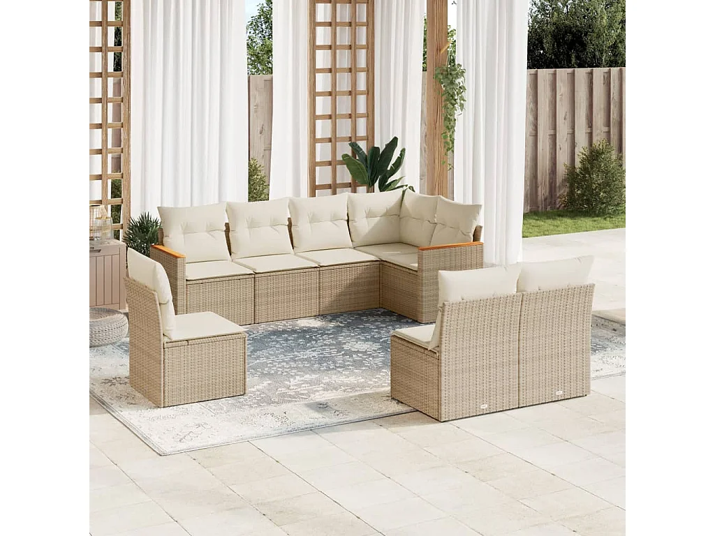 8 peças conjunto de sofás para jardim com almofadões vime PE bege