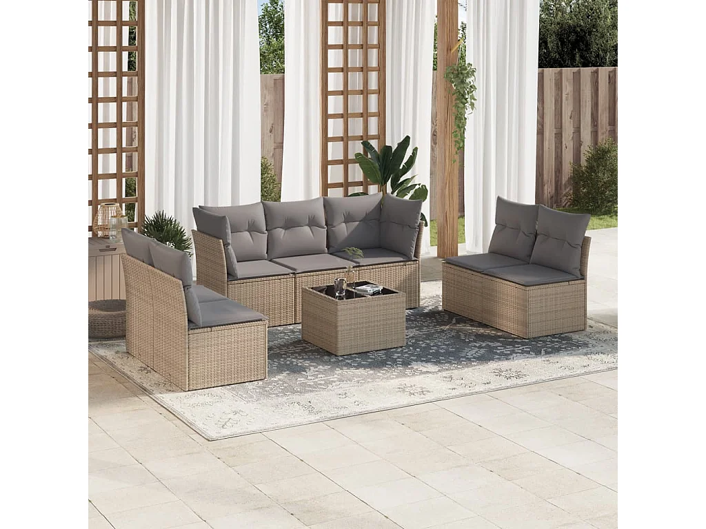 8 peças conjunto de sofás para jardim com almofadões vime PE bege