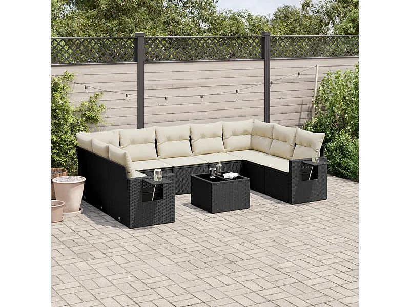 10-delige Loungeset met kussens poly rattan zwart