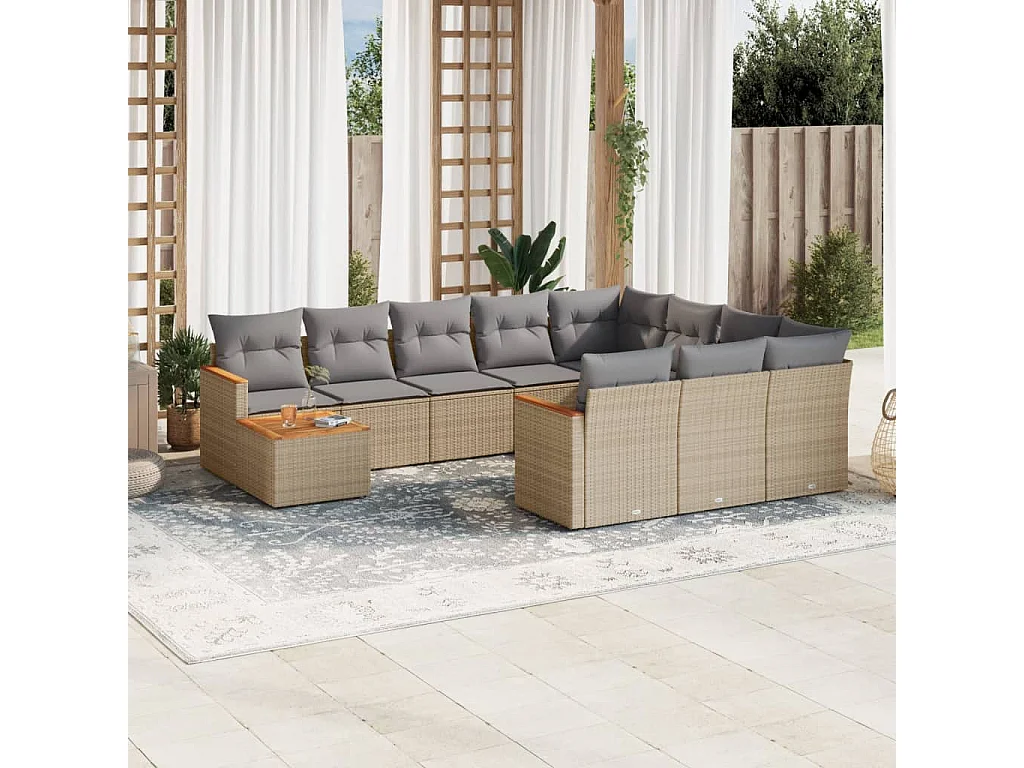 Salon de jardin 11 pièces avec coussins beige résine tressée