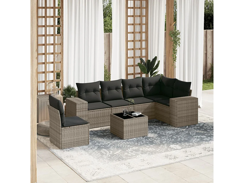 7-delige Loungeset met kussens poly rattan grijs