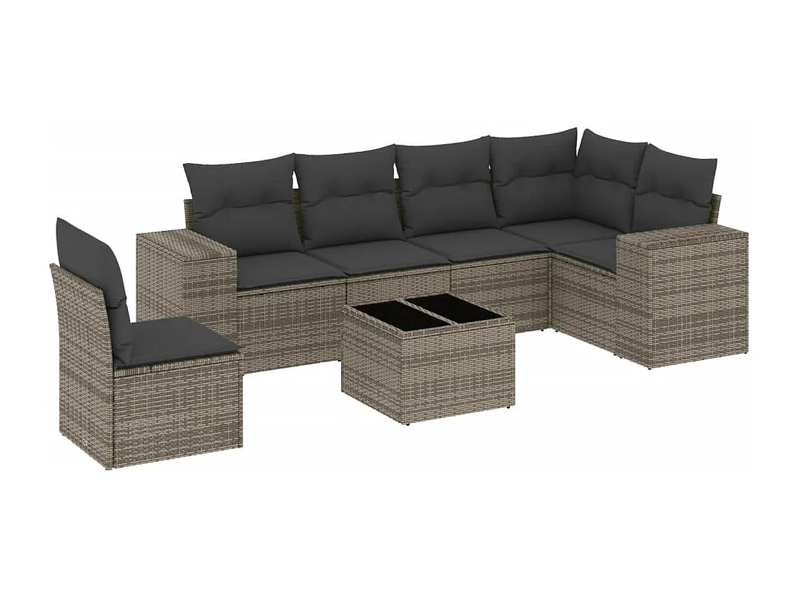 7-delige Loungeset met kussens poly rattan grijs