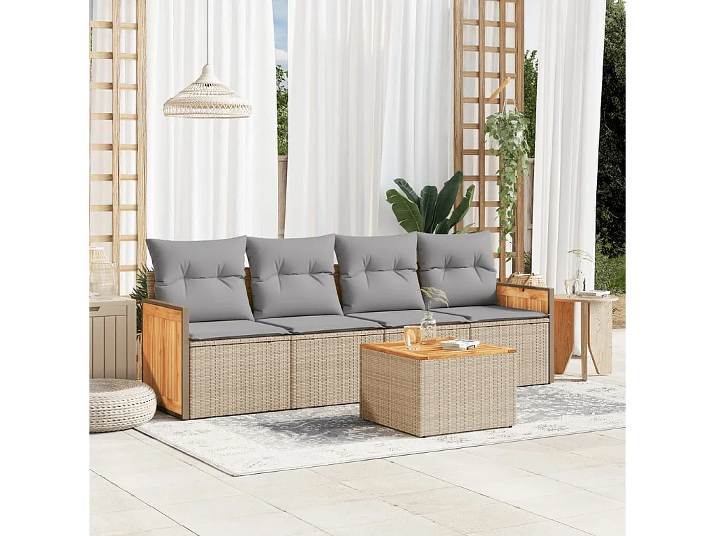 Salon de jardin avec coussins 5 pièces beige résine tressée