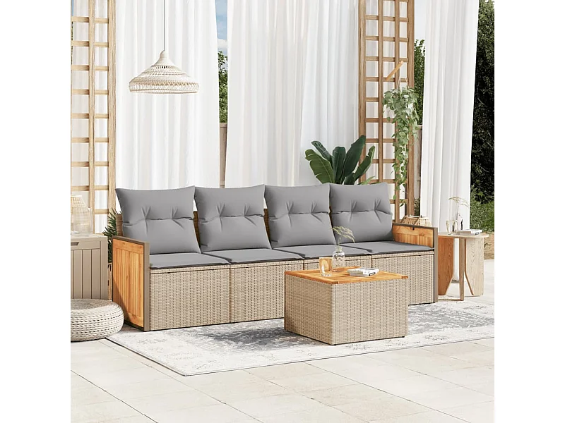 5 peças conjunto de sofás para jardim com almofadões vime PE bege