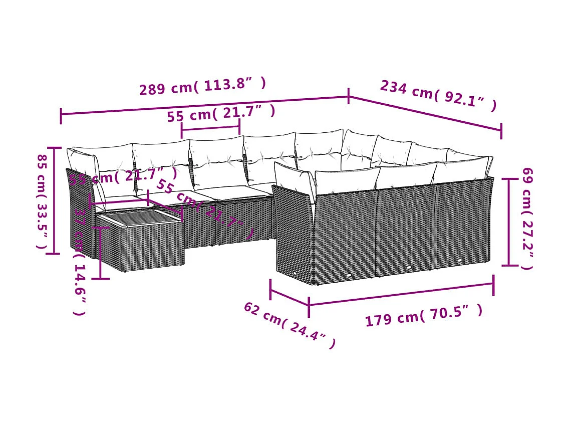 11 peças conjunto sofás de jardim com almofadões vime PE cinzento