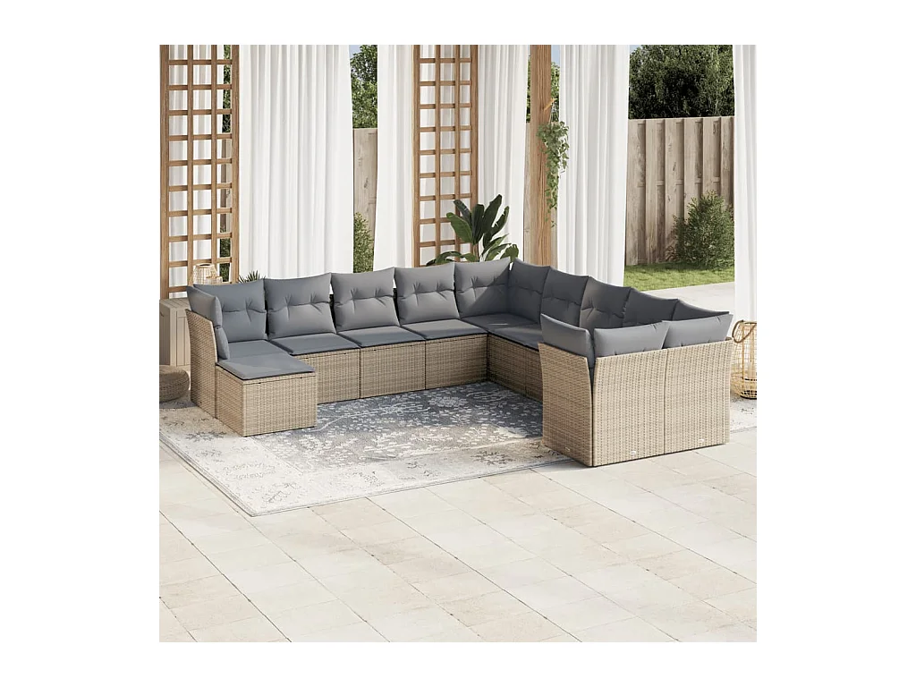 Salon de jardin 11 pièces avec coussins beige résine tressée