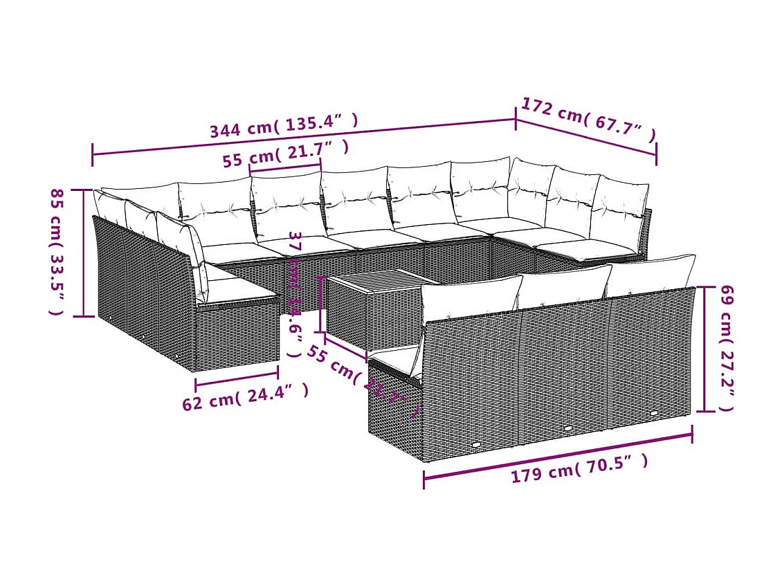 Salon de jardin avec coussins 14 pièces gris résine tressée