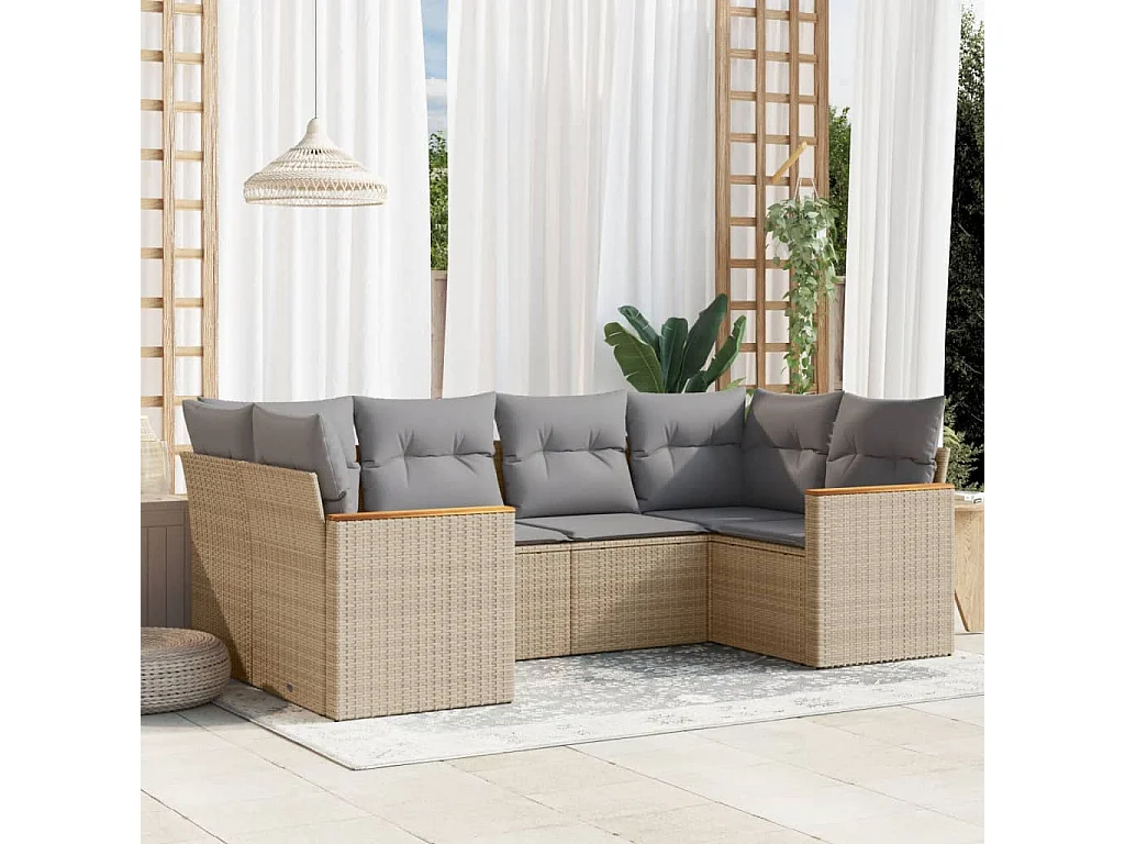 6 peças conjunto de sofás para jardim com almofadões vime PE bege