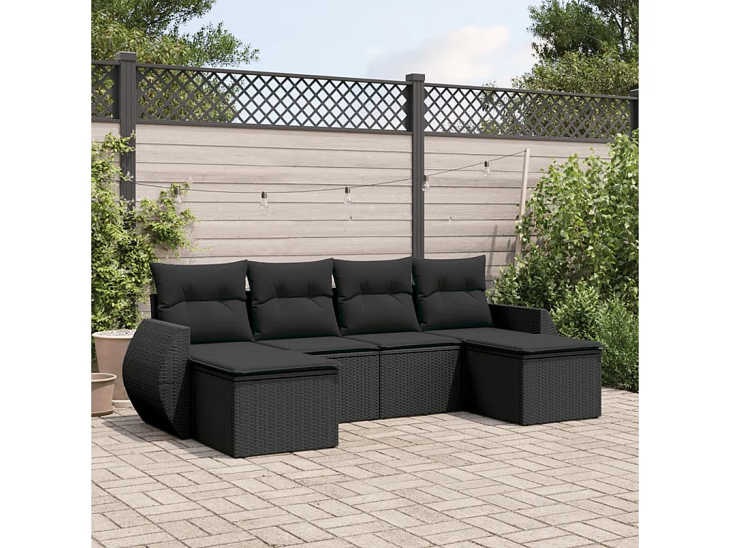 Salon de jardin 6 pièces avec coussins noir résine tressée