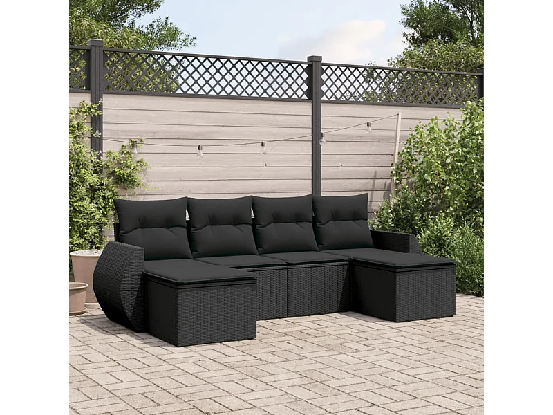 Salon de jardin 6 pièces avec coussins noir résine tressée