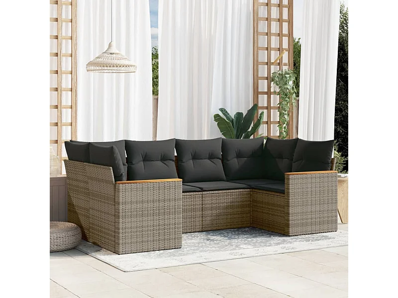 Set de muebles de jardín 6 piezas y cojines ratán sintético gris