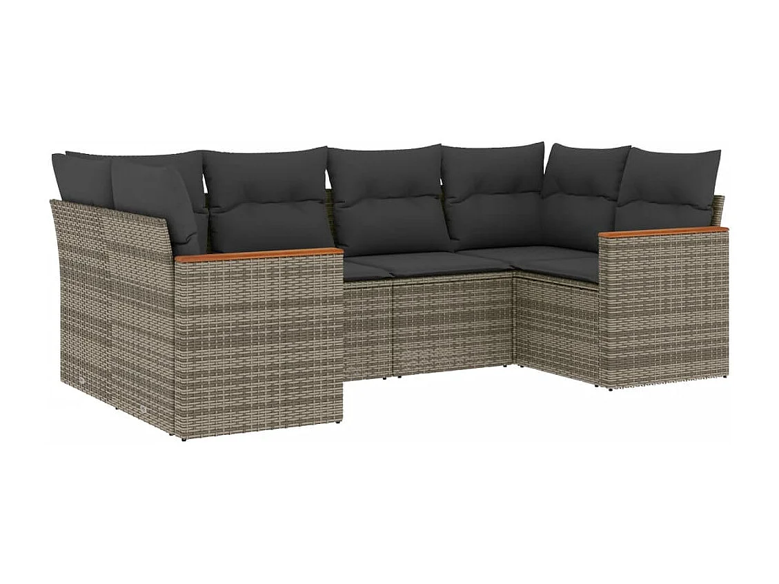 Set de muebles de jardín 6 piezas y cojines ratán sintético gris