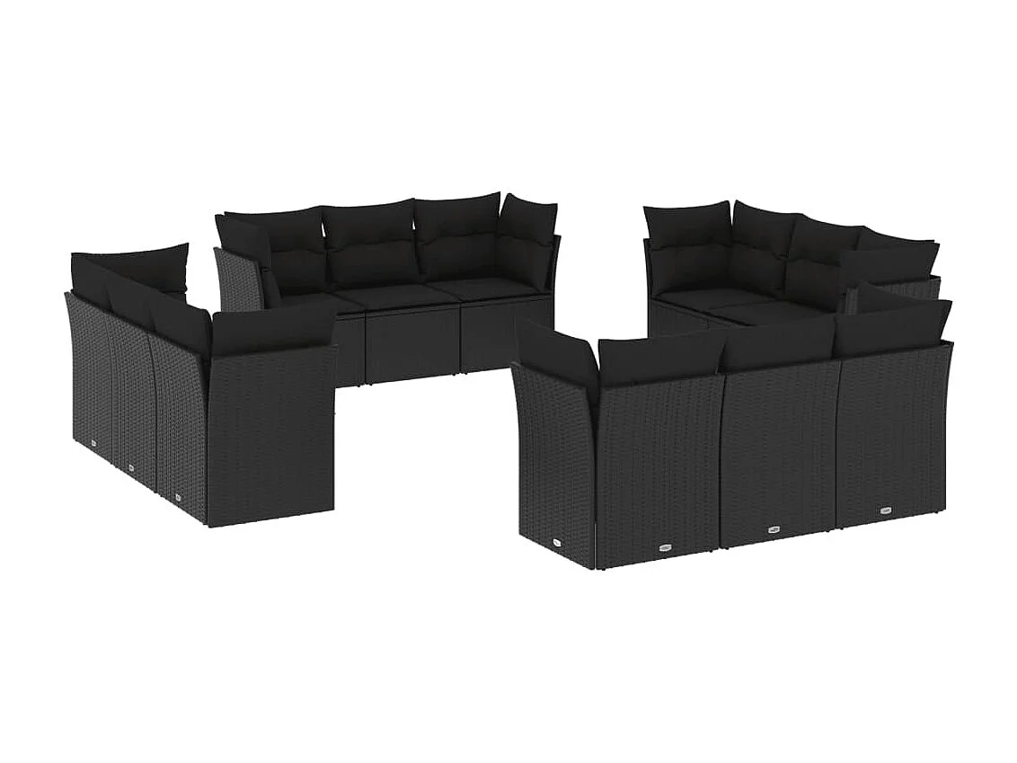 12 peças conjunto de sofás de jardim com almofadões vime PE preto