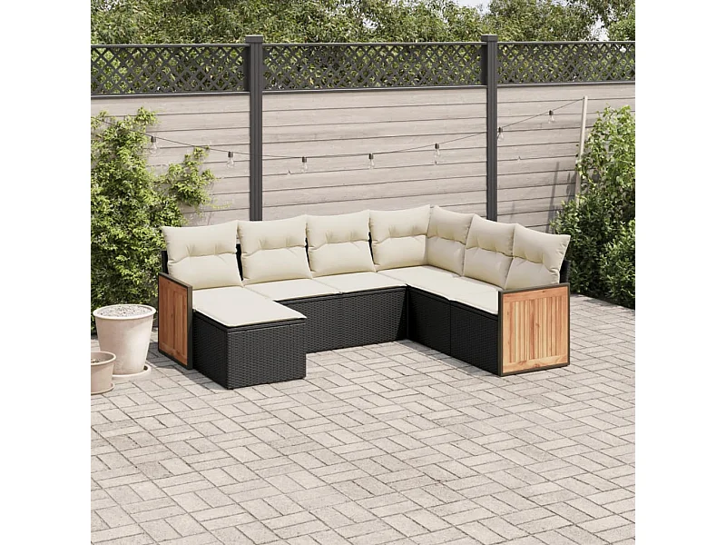 7-delige Loungeset met kussens poly rattan zwart
