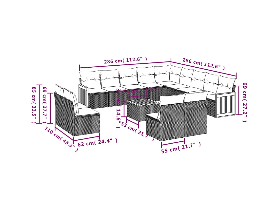 14-delige Loungeset met kussens poly rattan grijs