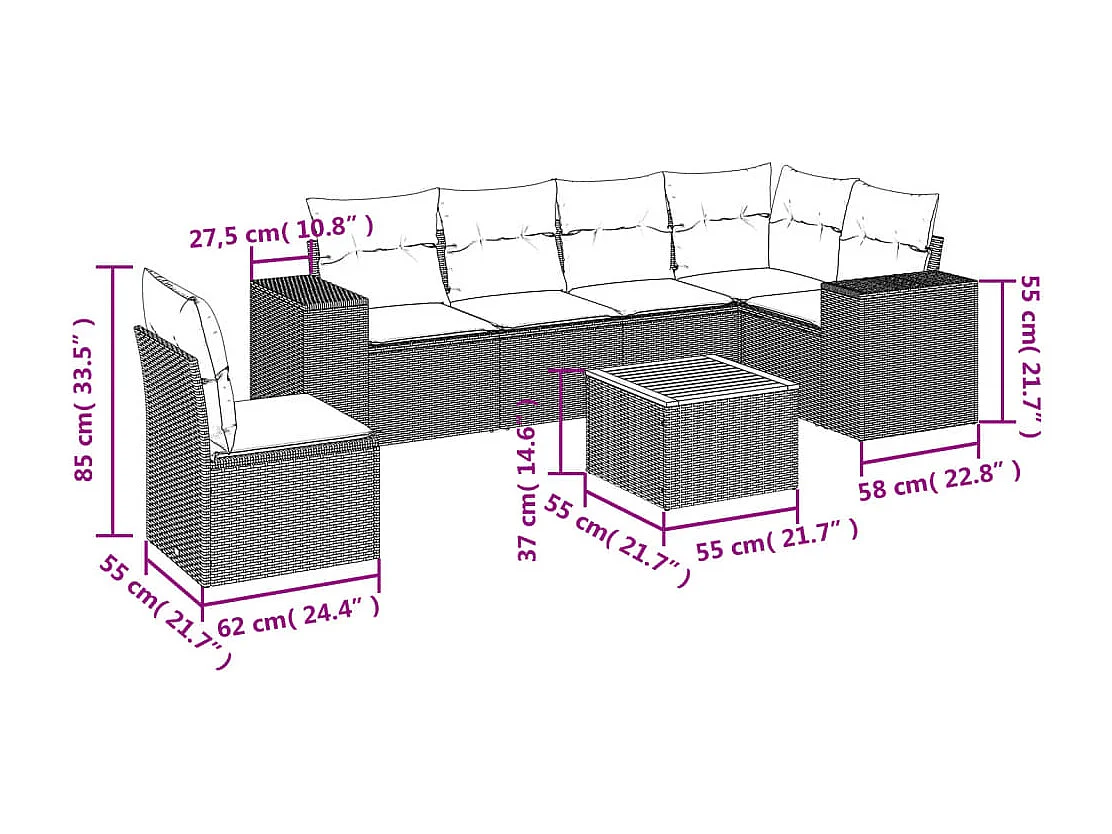 7-delige Loungeset met kussens poly rattan grijs