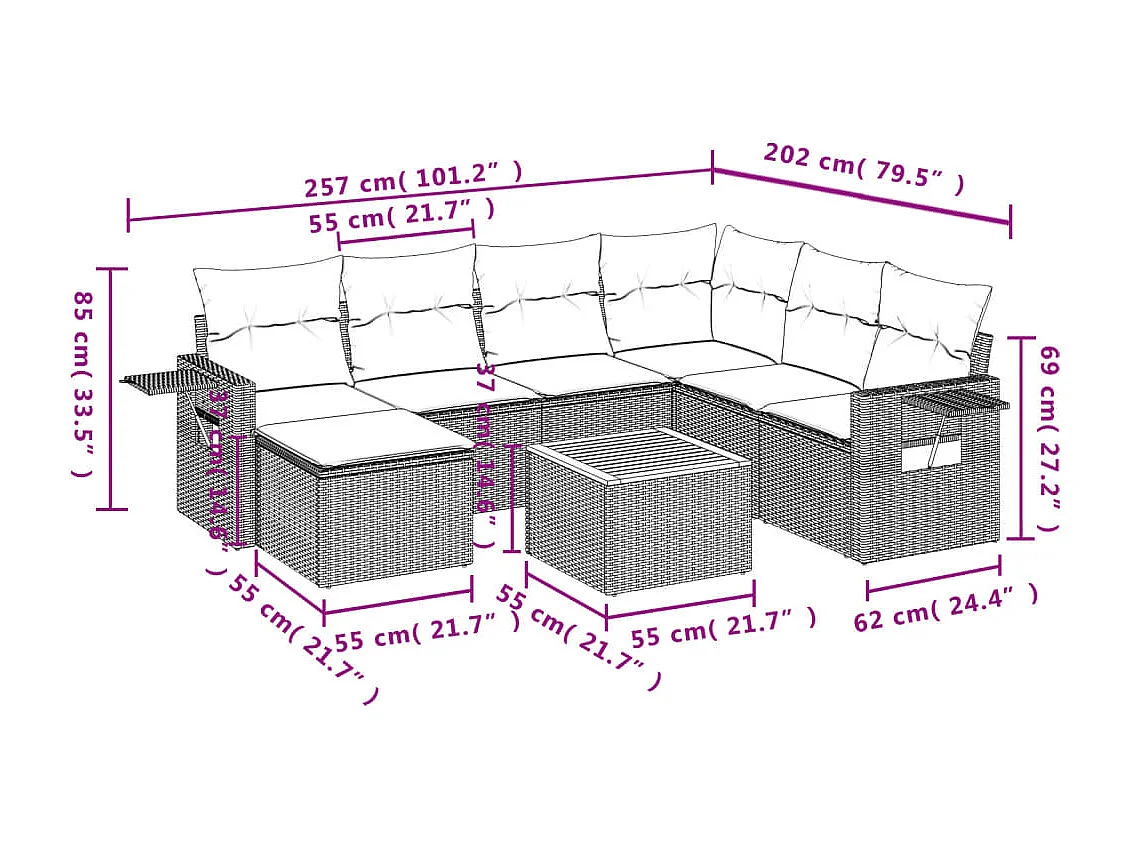 8-delige Loungeset met kussens poly rattan grijs