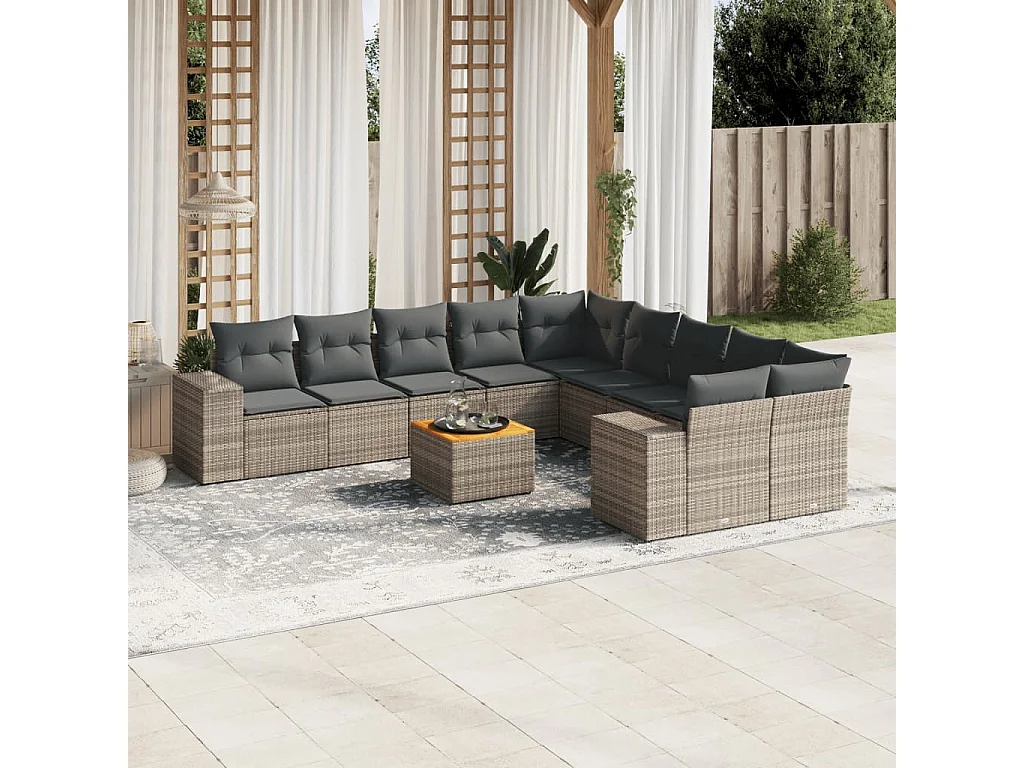 Salon de jardin 11 pièces avec coussins gris résine tressée