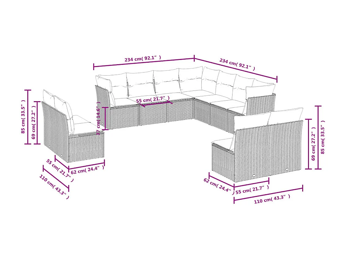 11-delige Loungeset met kussens poly rattan grijs