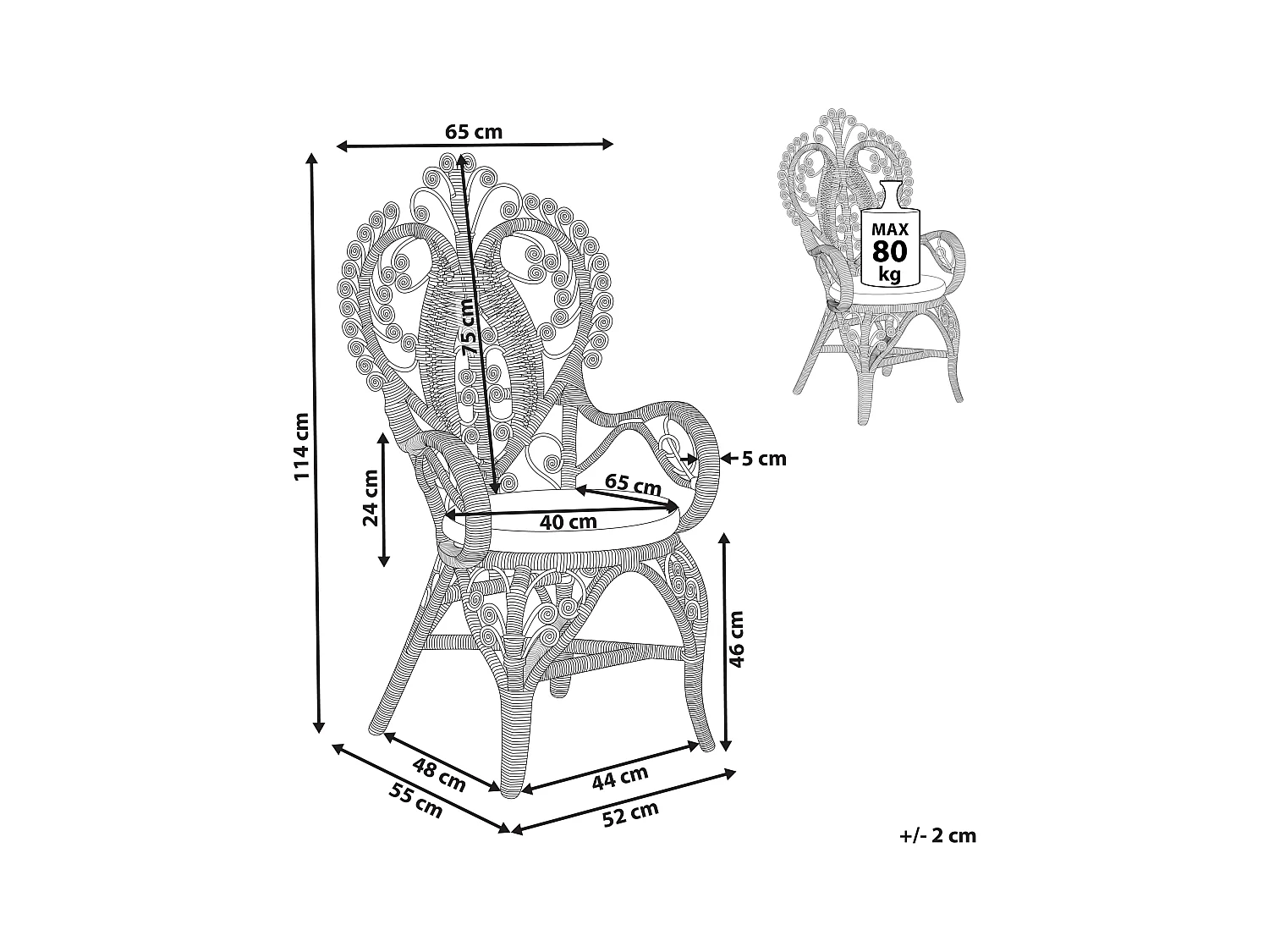 Pfauenstuhl aus Rattan natürlich / beige mit Kissen Indoor und Outdoor Carrara