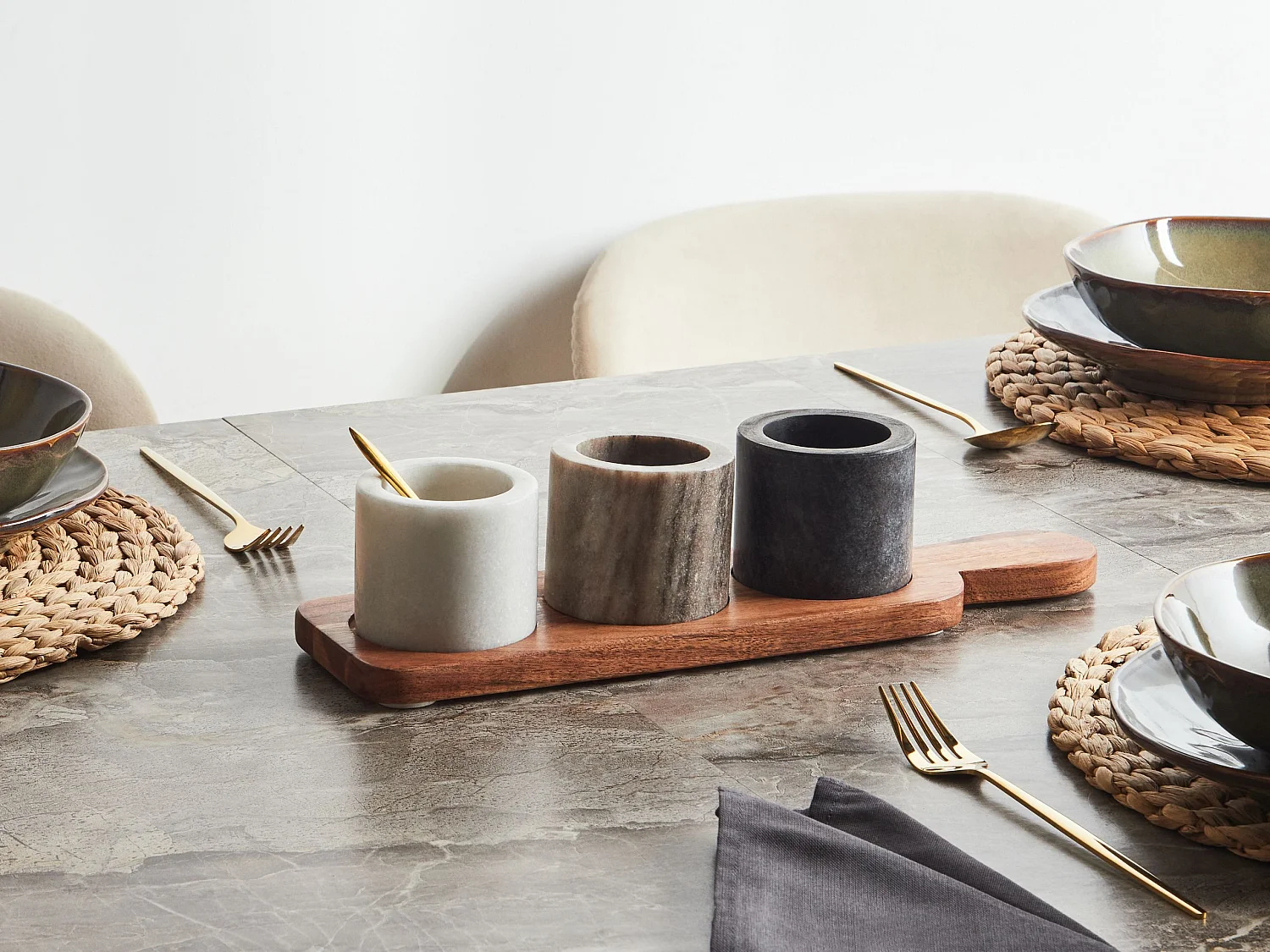 Servierbrett mit Schalen 3er Set PATRAS Stein Marmor Bunt