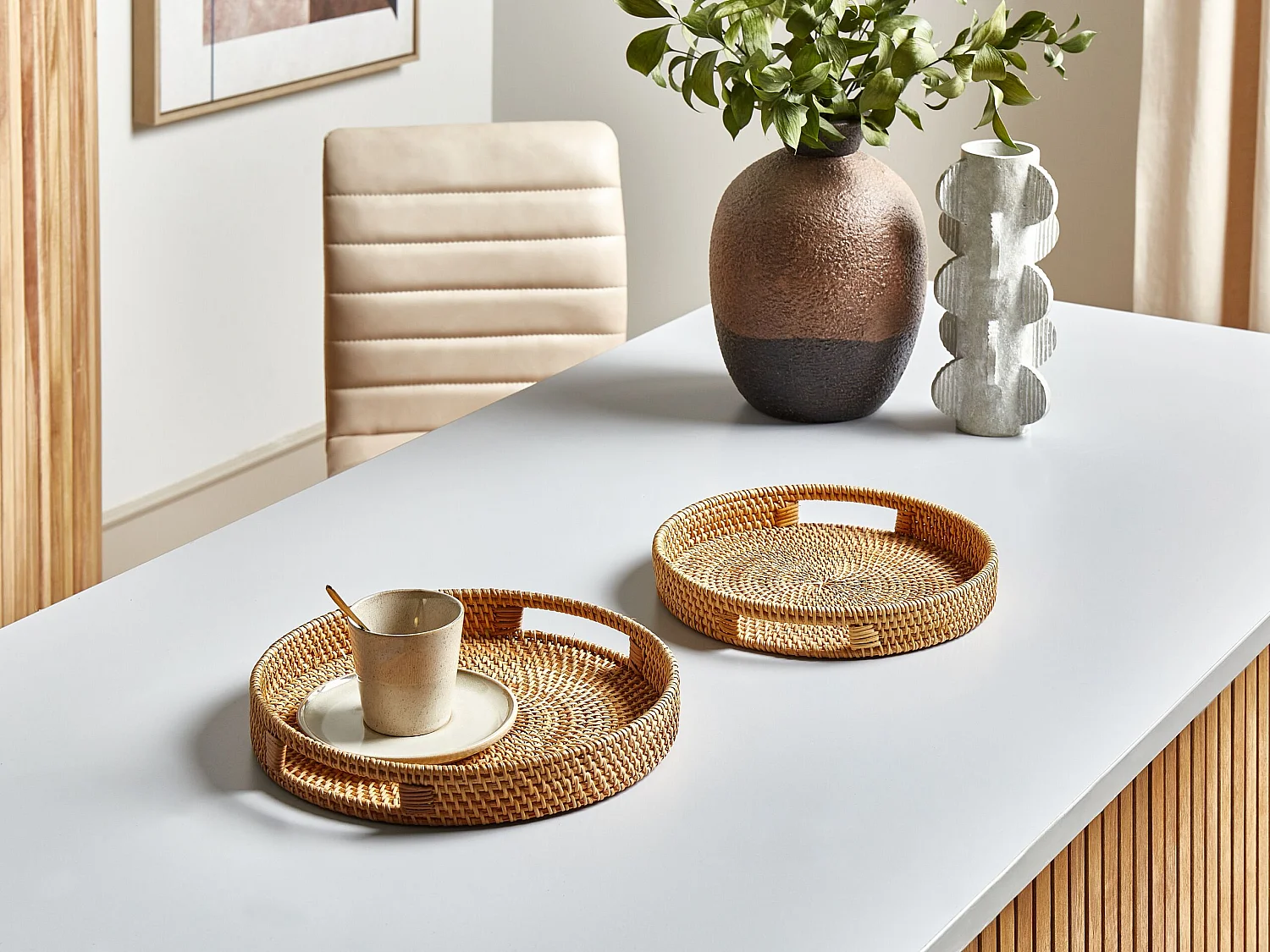 Dekotablett 2er Set Rattan natürlich / beige rund mit Griffen Boho Adelso