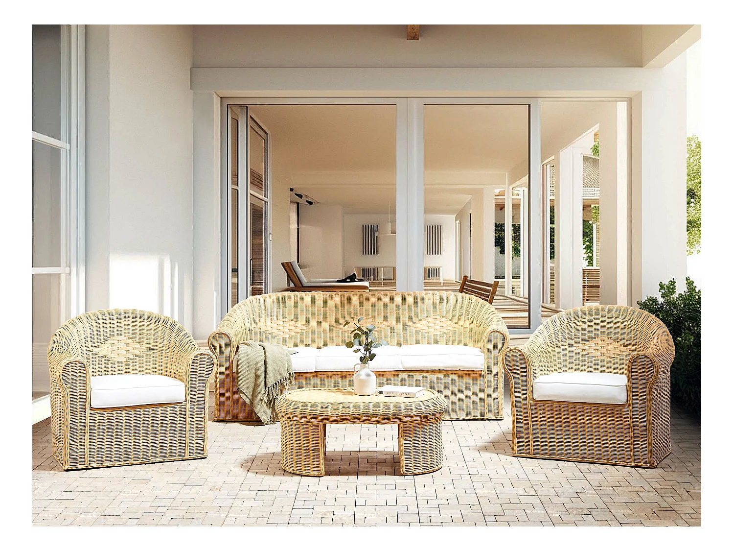 Ensemble de salon de jardin avec table 5 places LIVADEIA Rotin Naturel