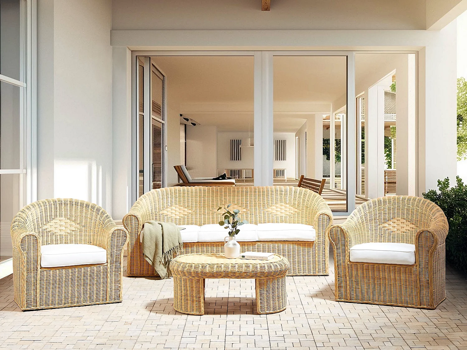 Ensemble de salon de jardin avec table 5 places LIVADEIA Rotin Naturel