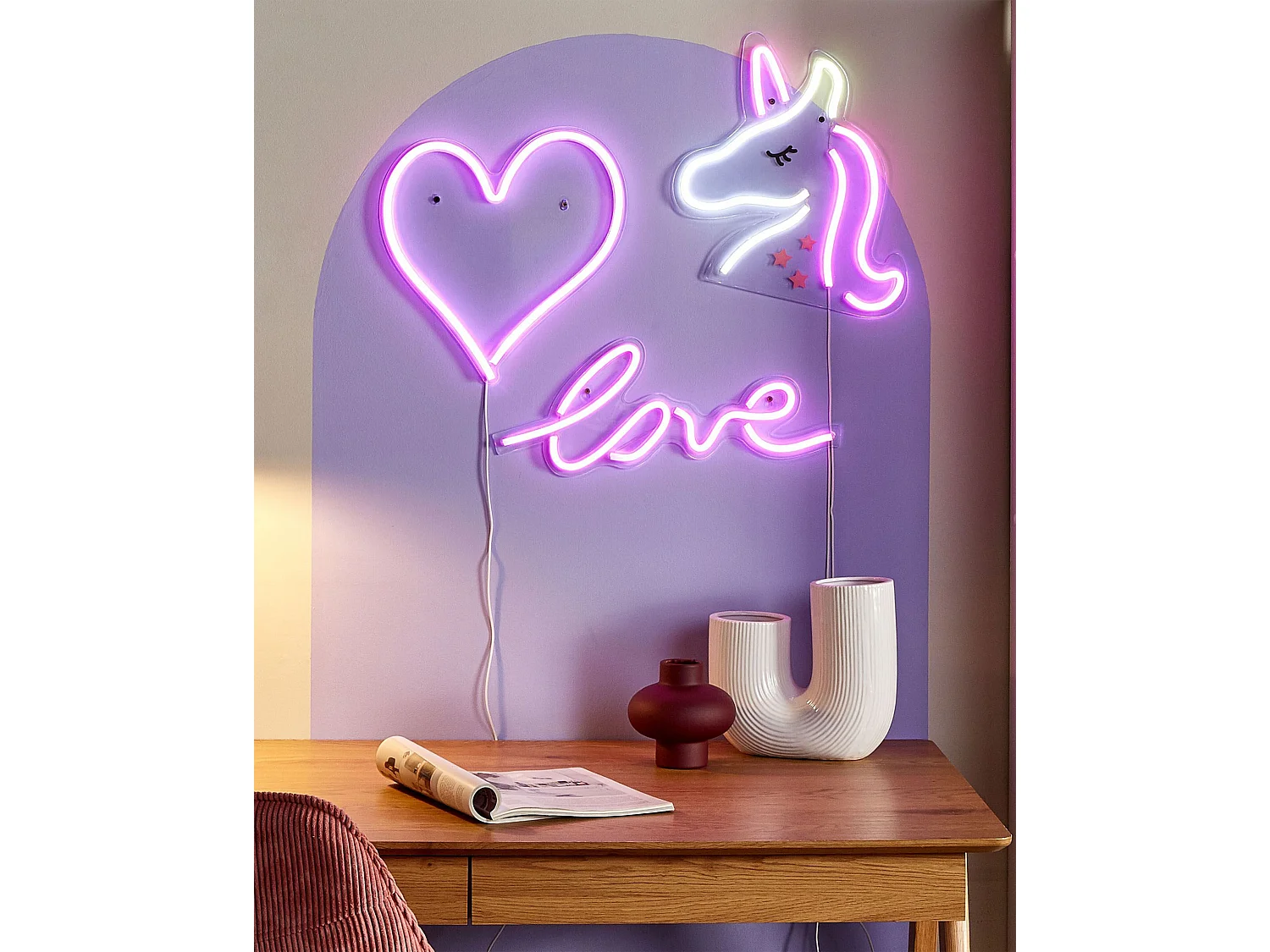 LED Neon Licht Wanddeko 3er Set mit Kabel Herz Einhorn Love Susie