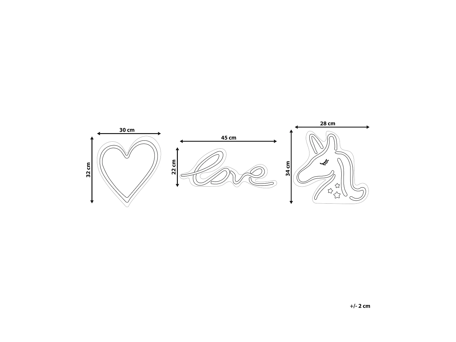 LED Neon Licht Wanddeko 3er Set mit Kabel Herz Einhorn Love Susie