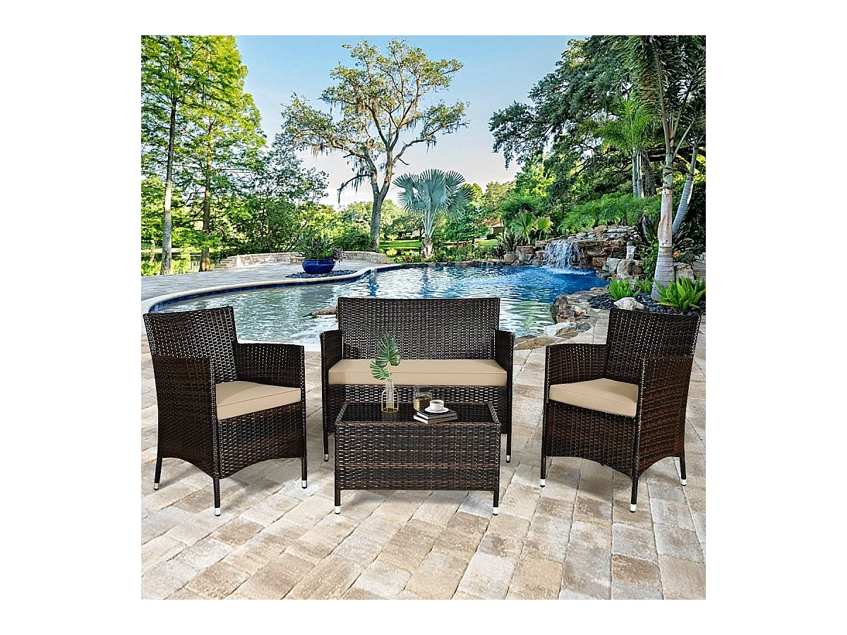 4-delige PE-rotan tuinmeubelset, belasting 160-320 kg, tuinmeubelset met kussens en salontafel van gehard glas voor patio, balkon, terras, bruin+geelachtig
