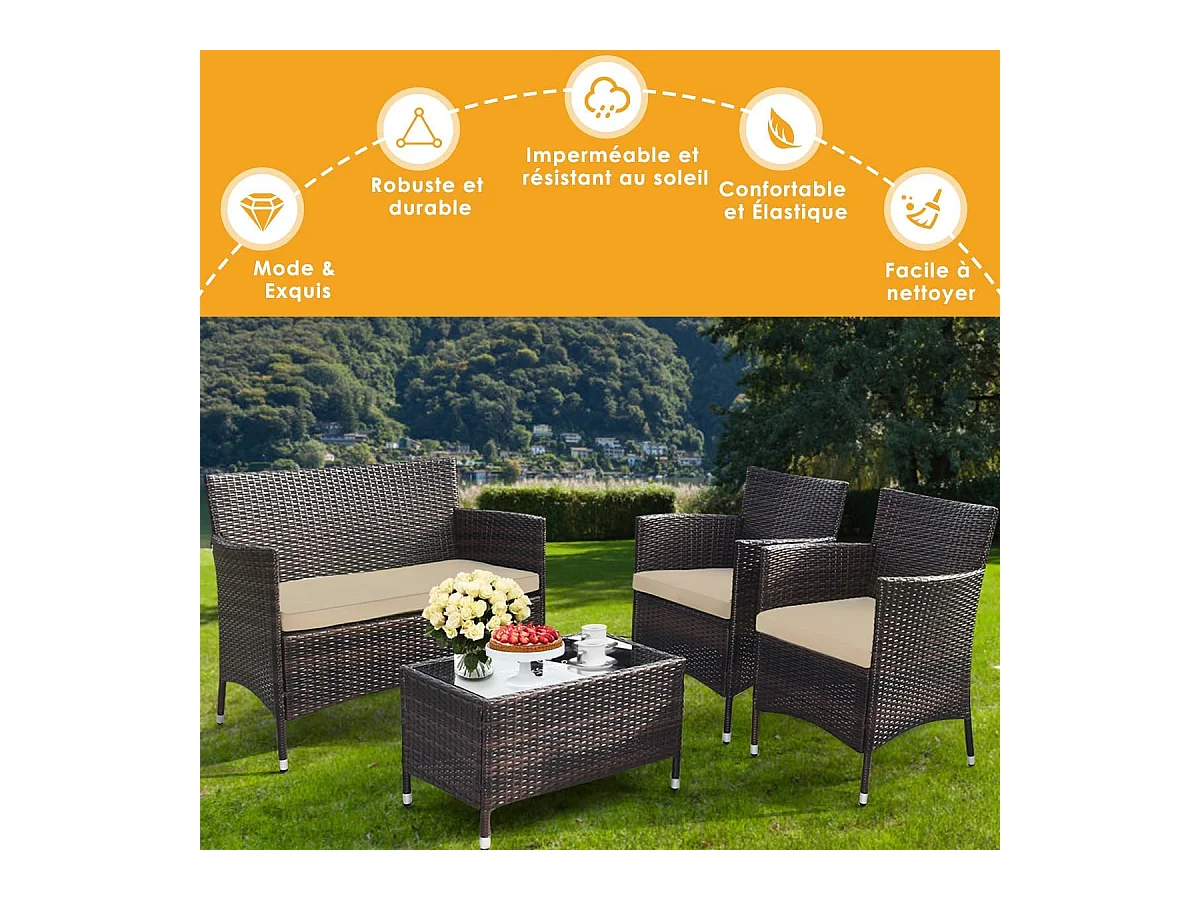 4-delige PE-rotan tuinmeubelset, belasting 160-320 kg, tuinmeubelset met kussens en salontafel van gehard glas voor patio, balkon, terras, bruin+geelachtig