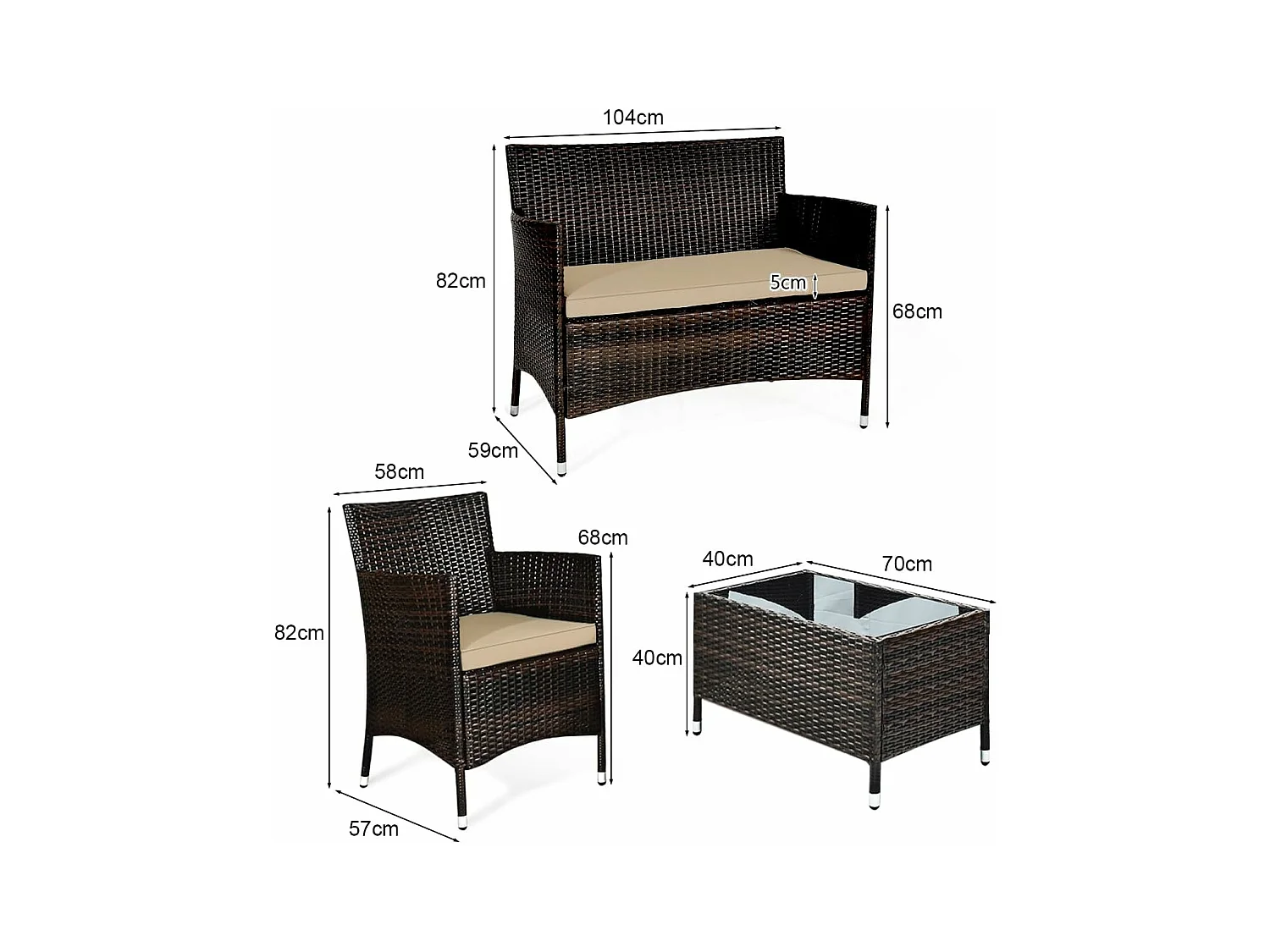 4-delige PE-rotan tuinmeubelset, belasting 160-320 kg, tuinmeubelset met kussens en salontafel van gehard glas voor patio, balkon, terras, bruin+geelachtig