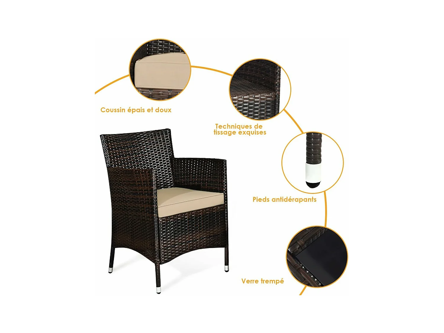 4-delige PE-rotan tuinmeubelset, belasting 160-320 kg, tuinmeubelset met kussens en salontafel van gehard glas voor patio, balkon, terras, bruin+geelachtig